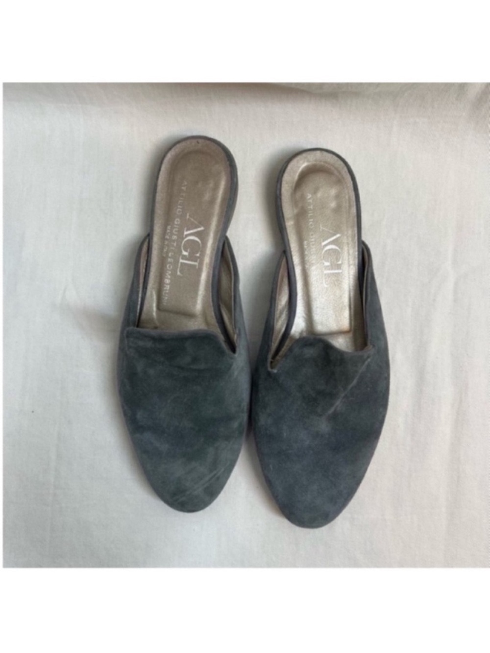 AGL genuine suede leather slip on flat mules made in Italy blue / gray